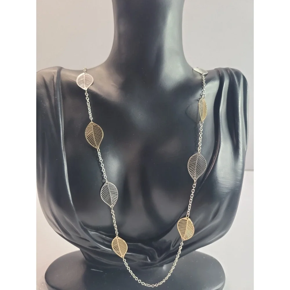 Long Mixed Metal Leaf Station Necklace Gold Silver Tone Openwork‎ Leaves